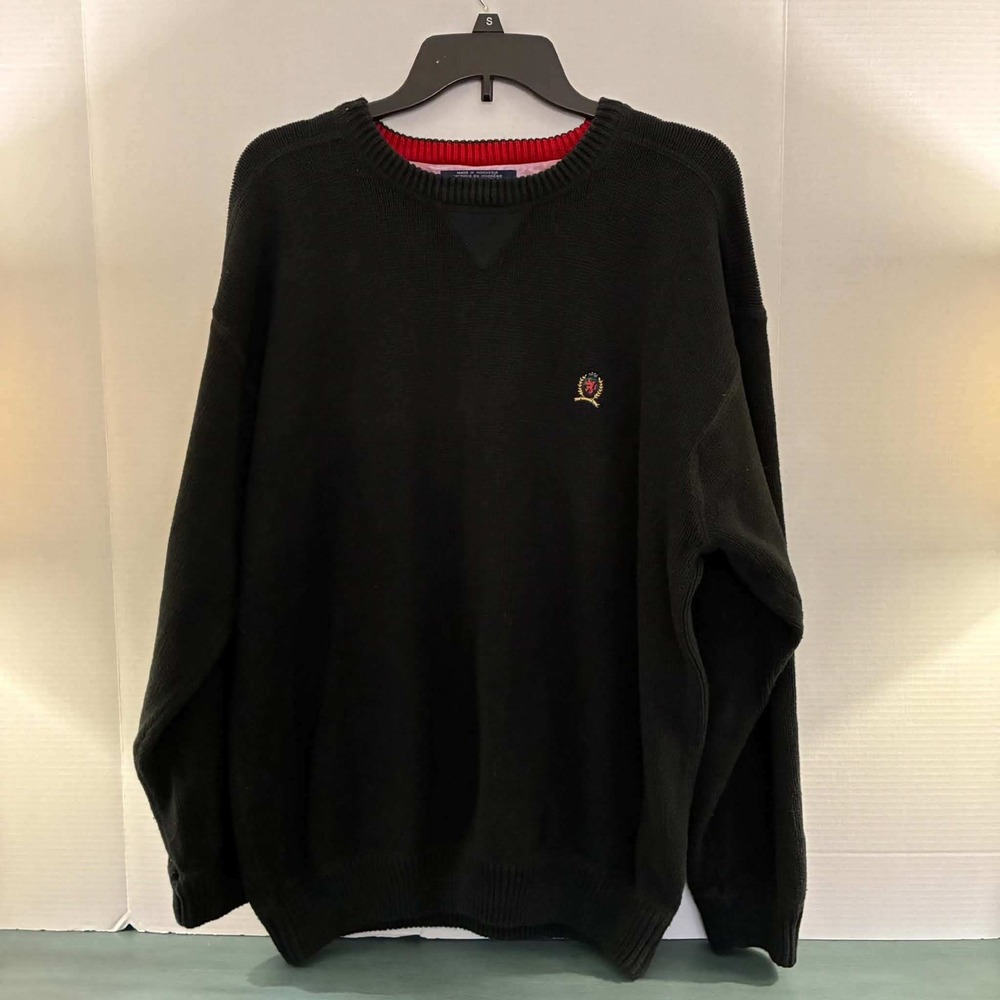 Tommy Hilfiger Sweater Mens XL Black Cotton Crewneck Crest Logo Preppy Pullover